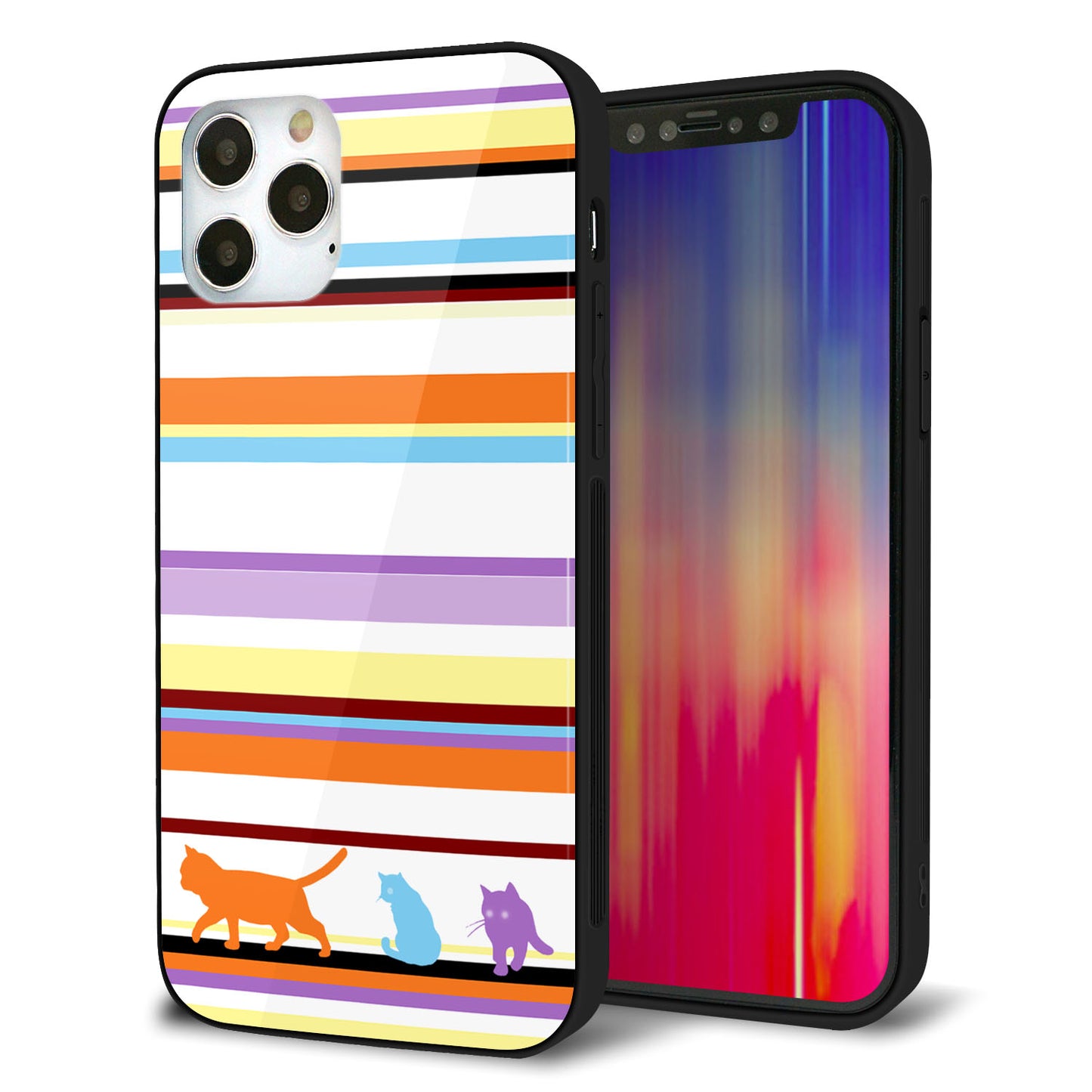 iPhone12 Pro 強化ガラス&TPUスマホケース ガラプリ【YA887 ストライプネコ01】