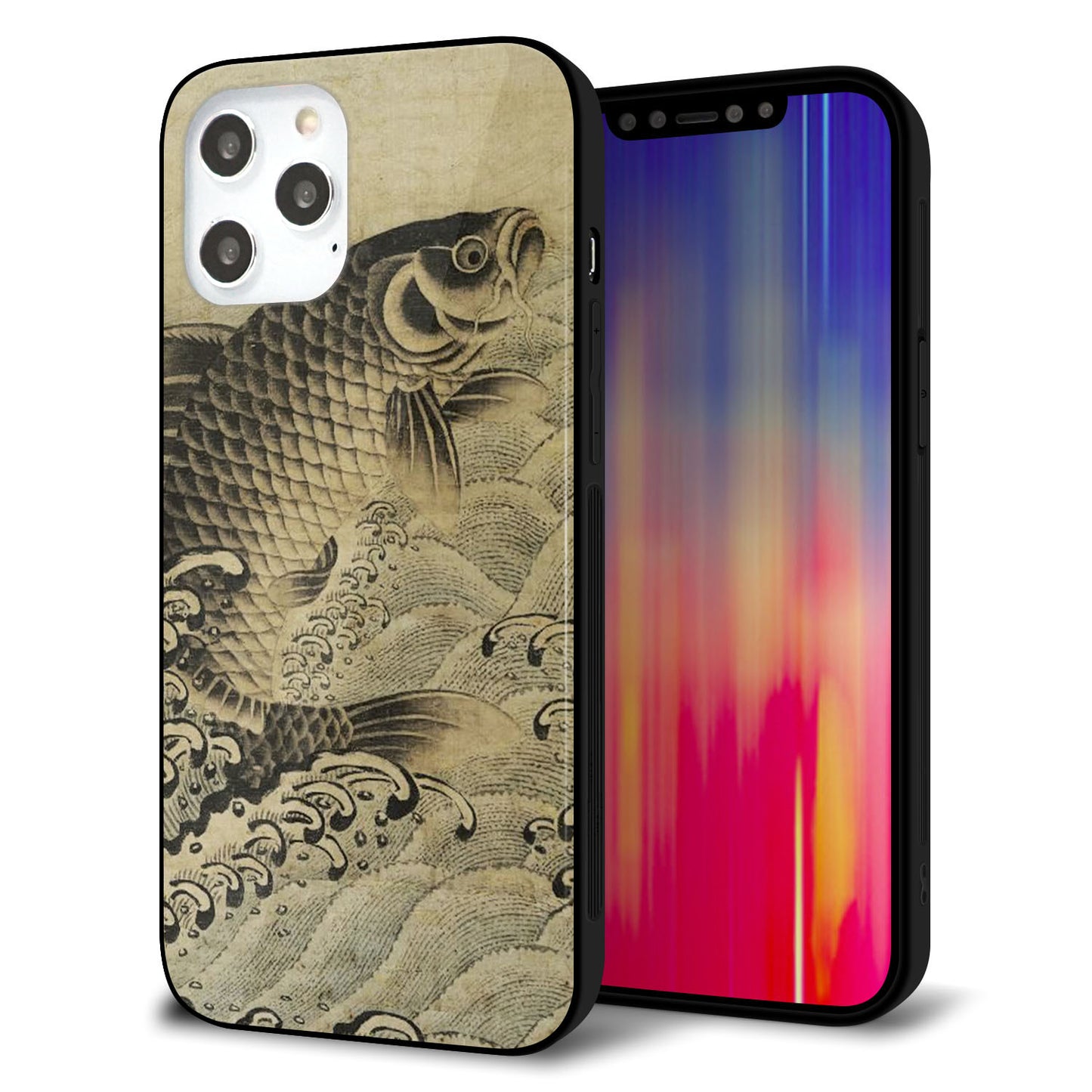 iPhone12 Pro Max 強化ガラス&TPUスマホケース ガラプリ【MA970 和柄 鶴鯉 B】