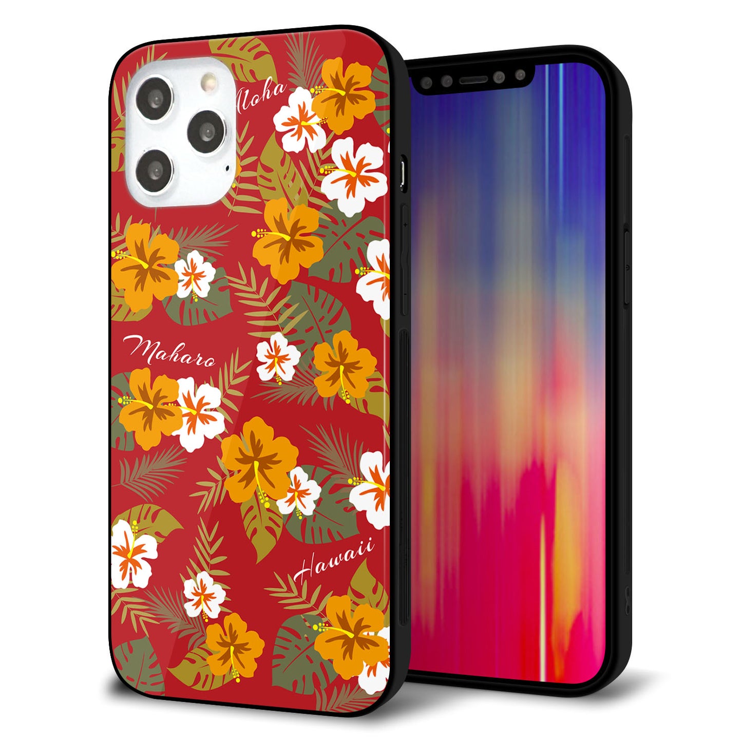iPhone12 Pro Max 強化ガラス&TPUスマホケース ガラプリ【SC885 ハワイアンアロハレトロ(レッド)】