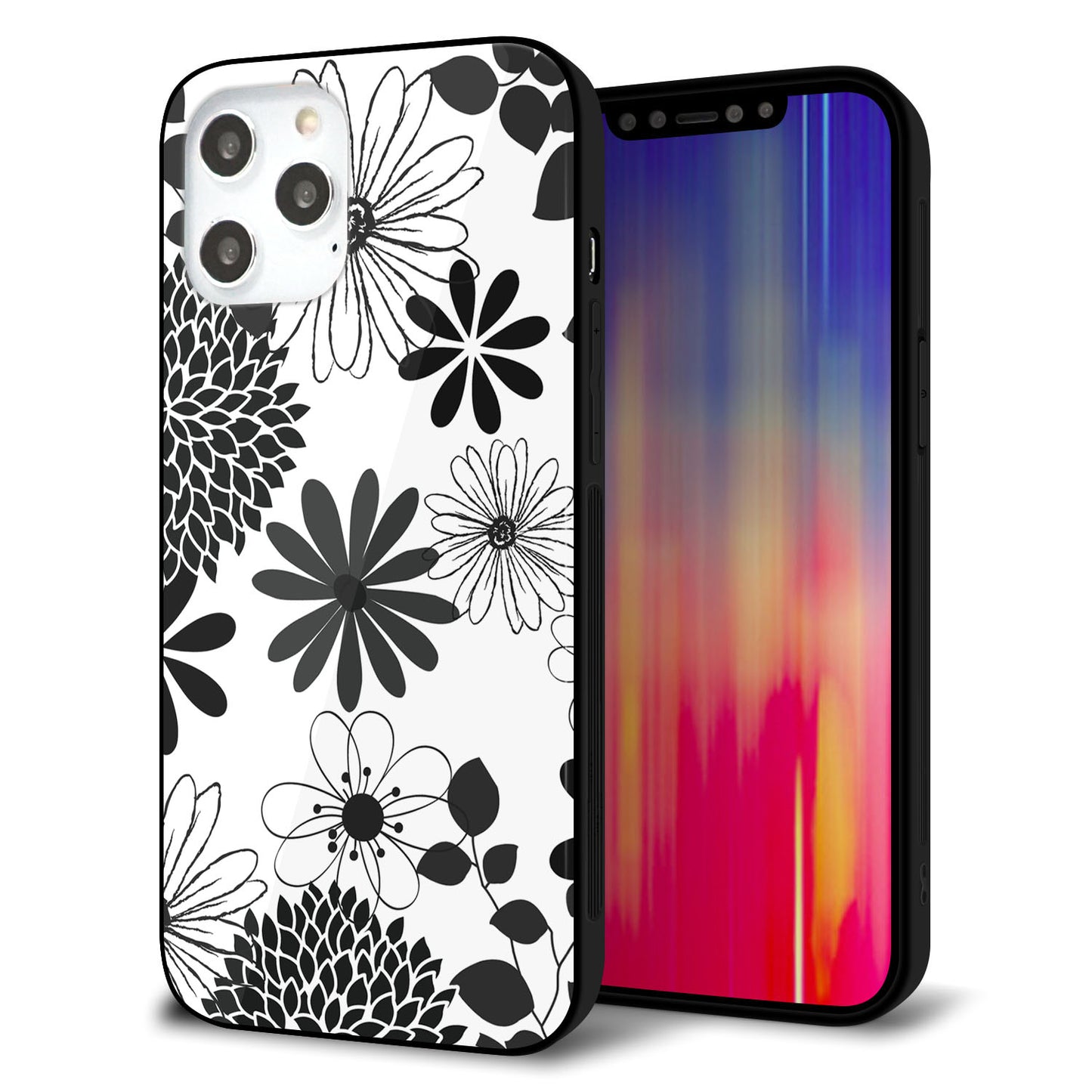 iPhone12 Pro Max 強化ガラス&TPUスマホケース ガラプリ【SC912 花柄モノトーン 01】
