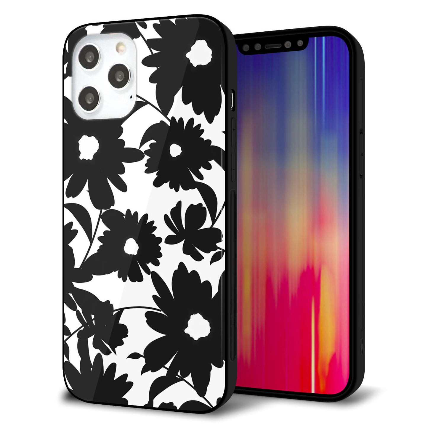 iPhone12 Pro Max 強化ガラス&TPUスマホケース ガラプリ【SC916 花柄モノトーン 05】