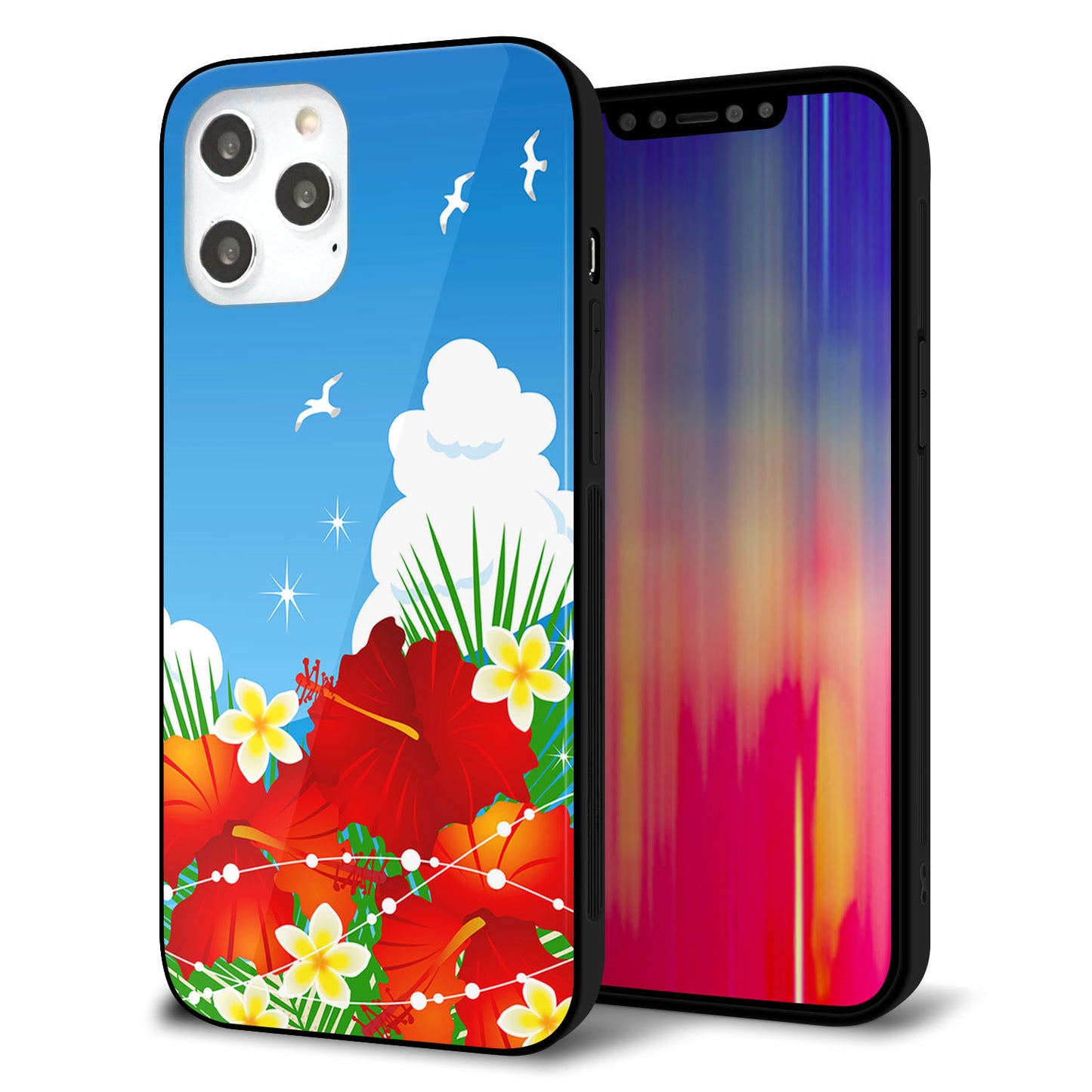 iPhone12 Pro Max 強化ガラス&TPUスマホケース ガラプリ【VA821 ハイビスカスと青空】