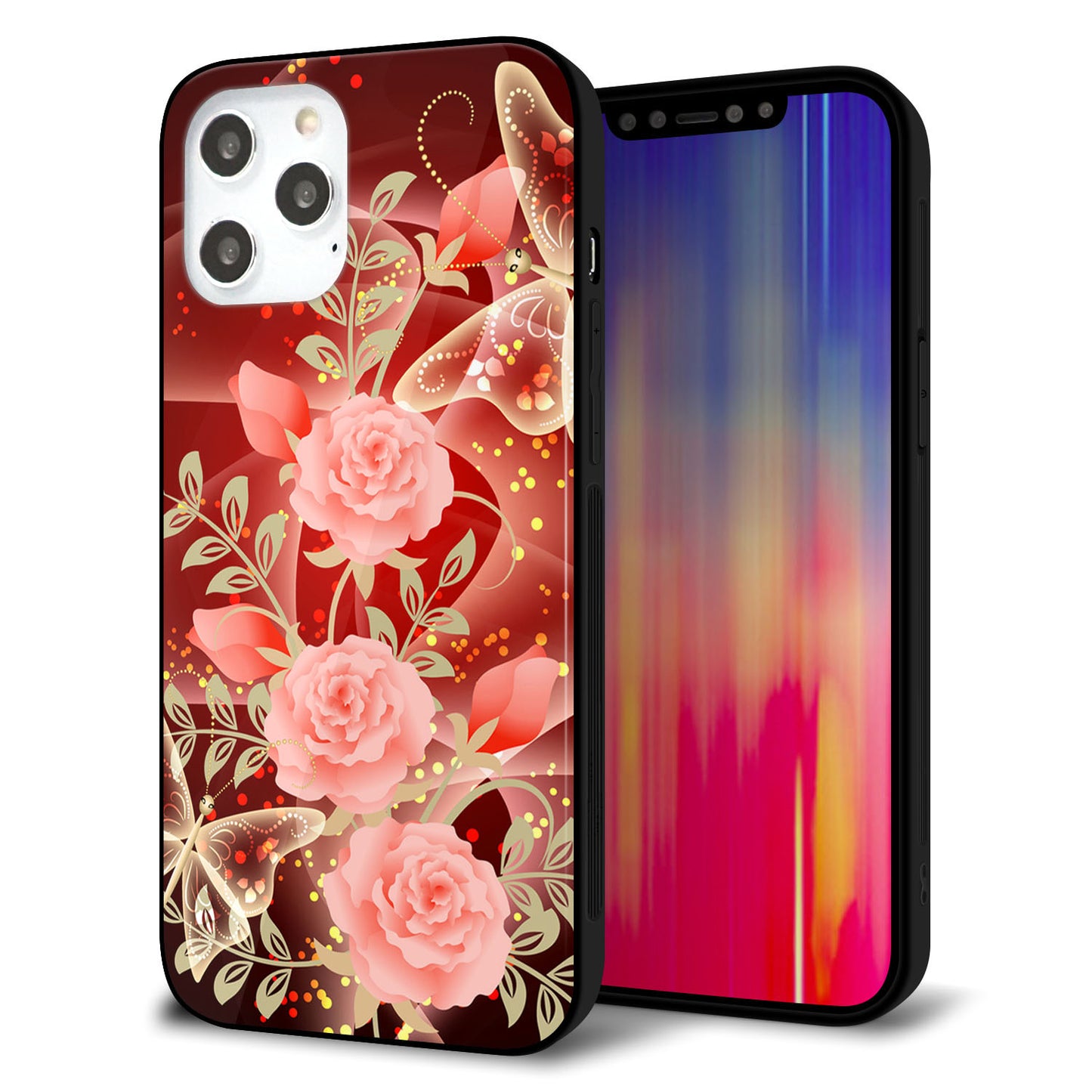 iPhone12 Pro Max 強化ガラス&TPUスマホケース ガラプリ【VA824 魅惑の蝶とピンクのバラ】