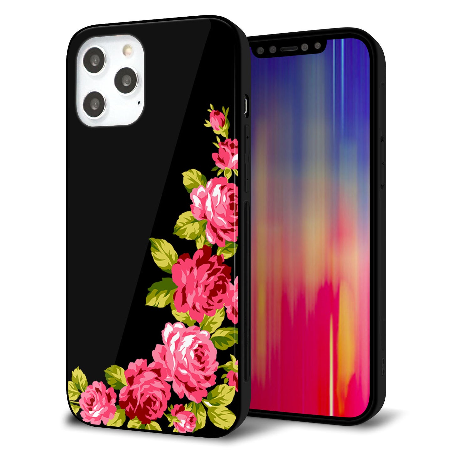 iPhone12 Pro Max 強化ガラス&TPUスマホケース ガラプリ【VA826 バラのフレーム(黒)】
