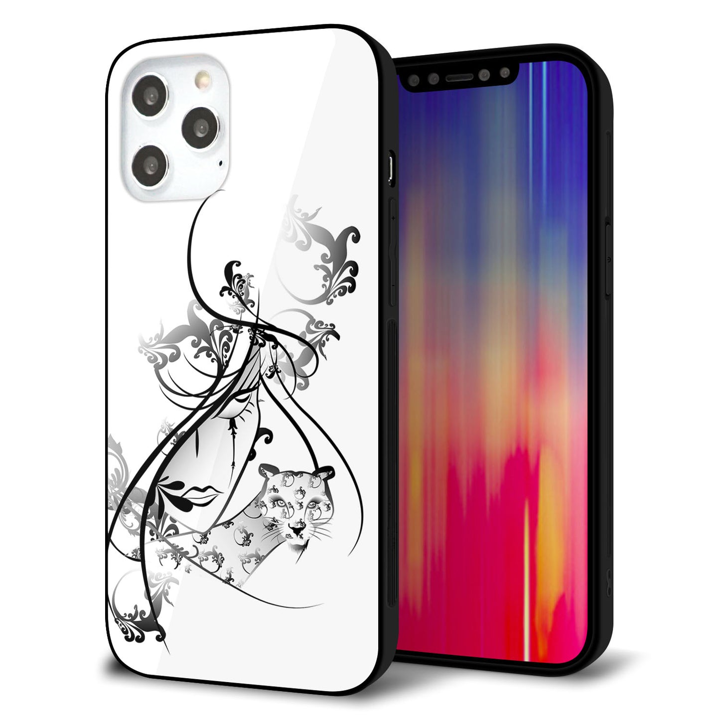 iPhone12 Pro Max 強化ガラス&TPUスマホケース ガラプリ【VA832 パンサーと美女】