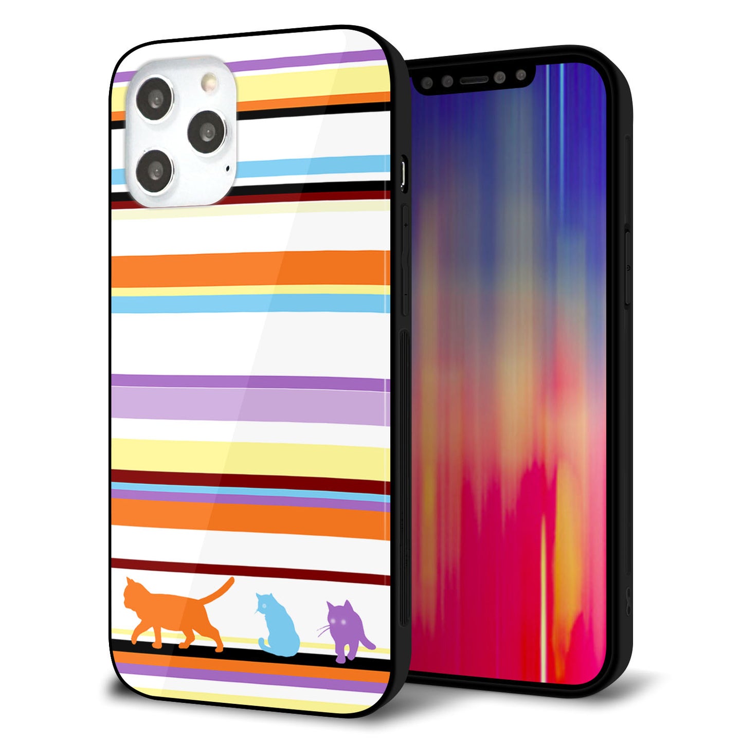 iPhone12 Pro Max 強化ガラス&TPUスマホケース ガラプリ【YA887 ストライプネコ01】