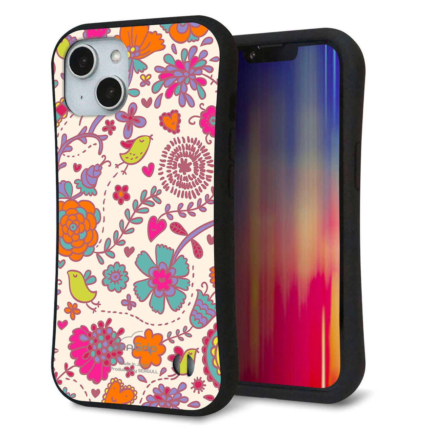 iPhone14 スマホケース 「SEA Grip」 グリップケース Sライン 【323 小鳥と花】 UV印刷