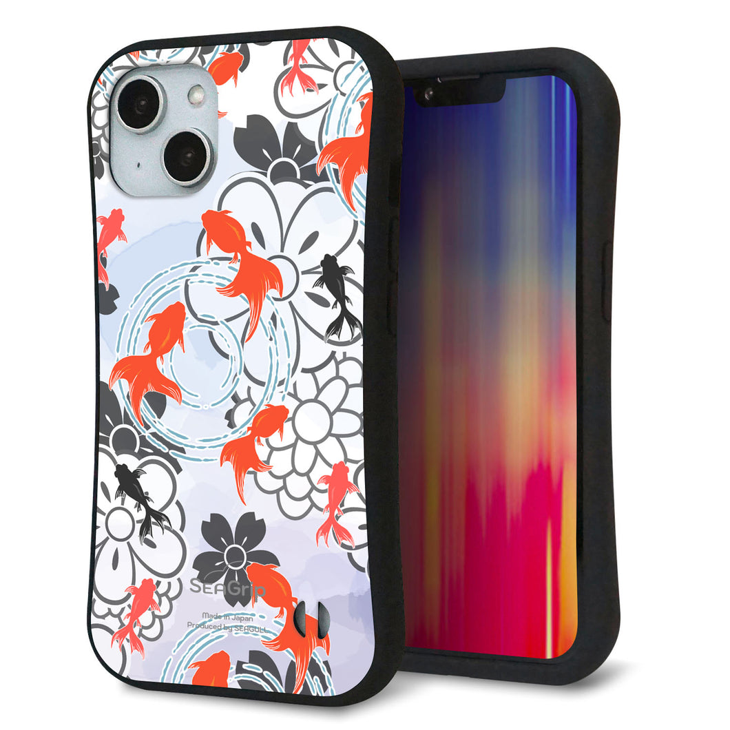 iPhone 14 スマホケース 「SEA Grip」 グリップケース Sライン 【HA216 金魚 花柄 グレー 】 UV印刷