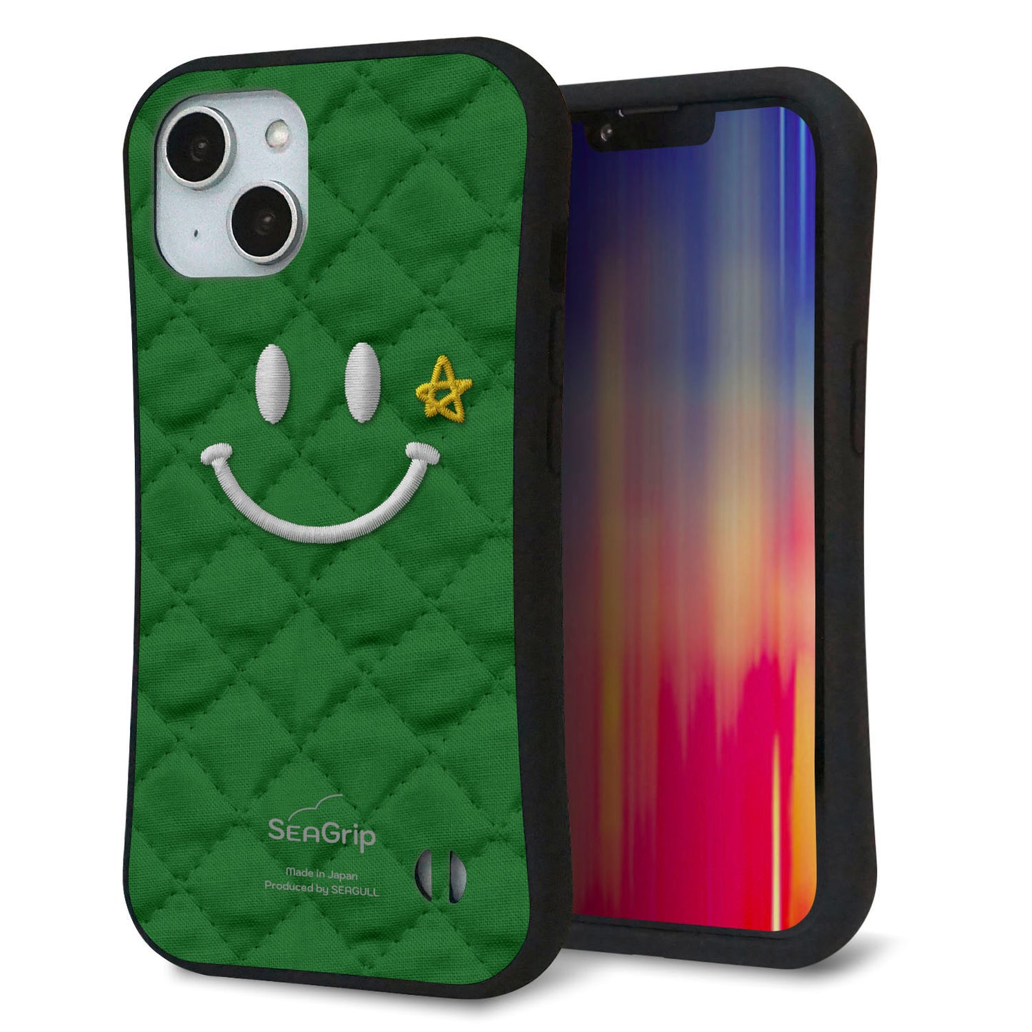 iPhone14 スマホケース 「SEA Grip」 グリップケース Sライン 【KM936 スマイル スター グリーン 】 UV印刷
