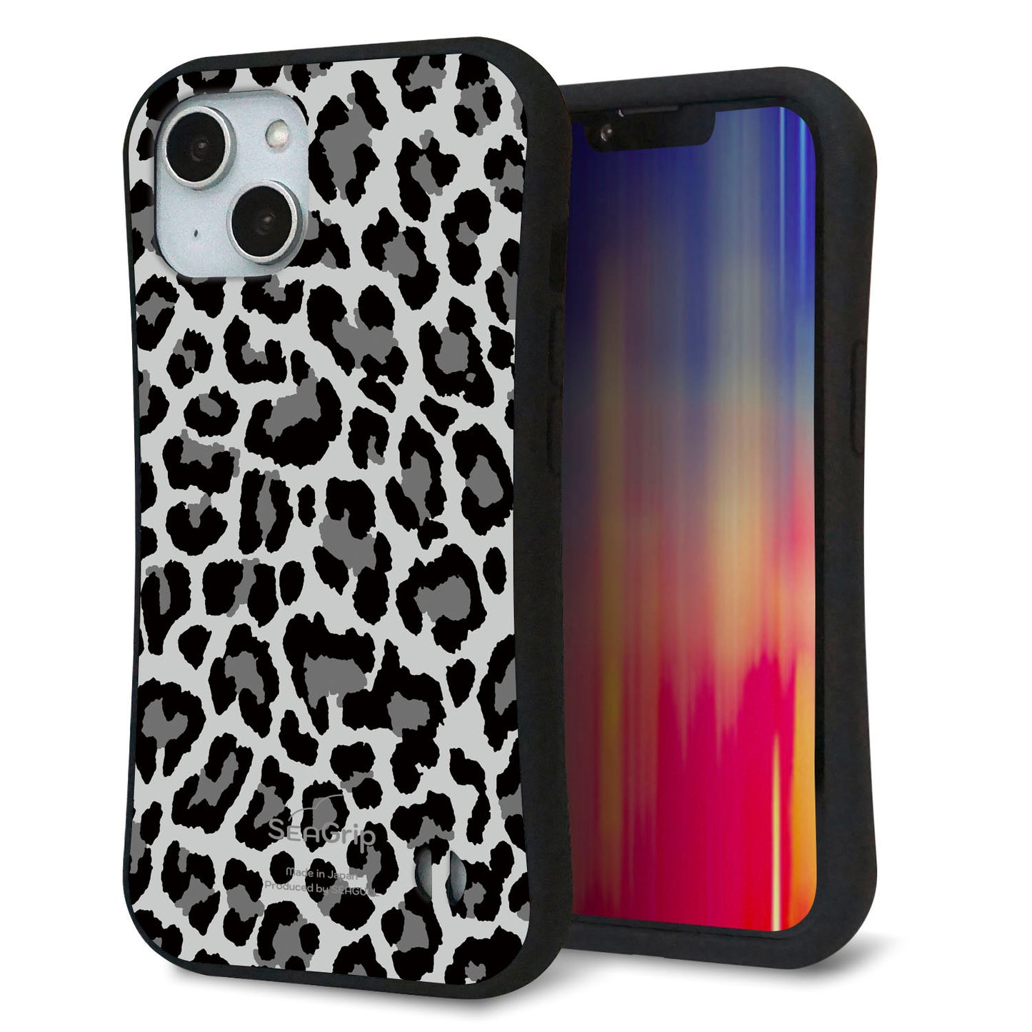 iPhone14 スマホケース 「SEA Grip」 グリップケース Sライン 【MA817 レオパード × グレー 】 UV印刷