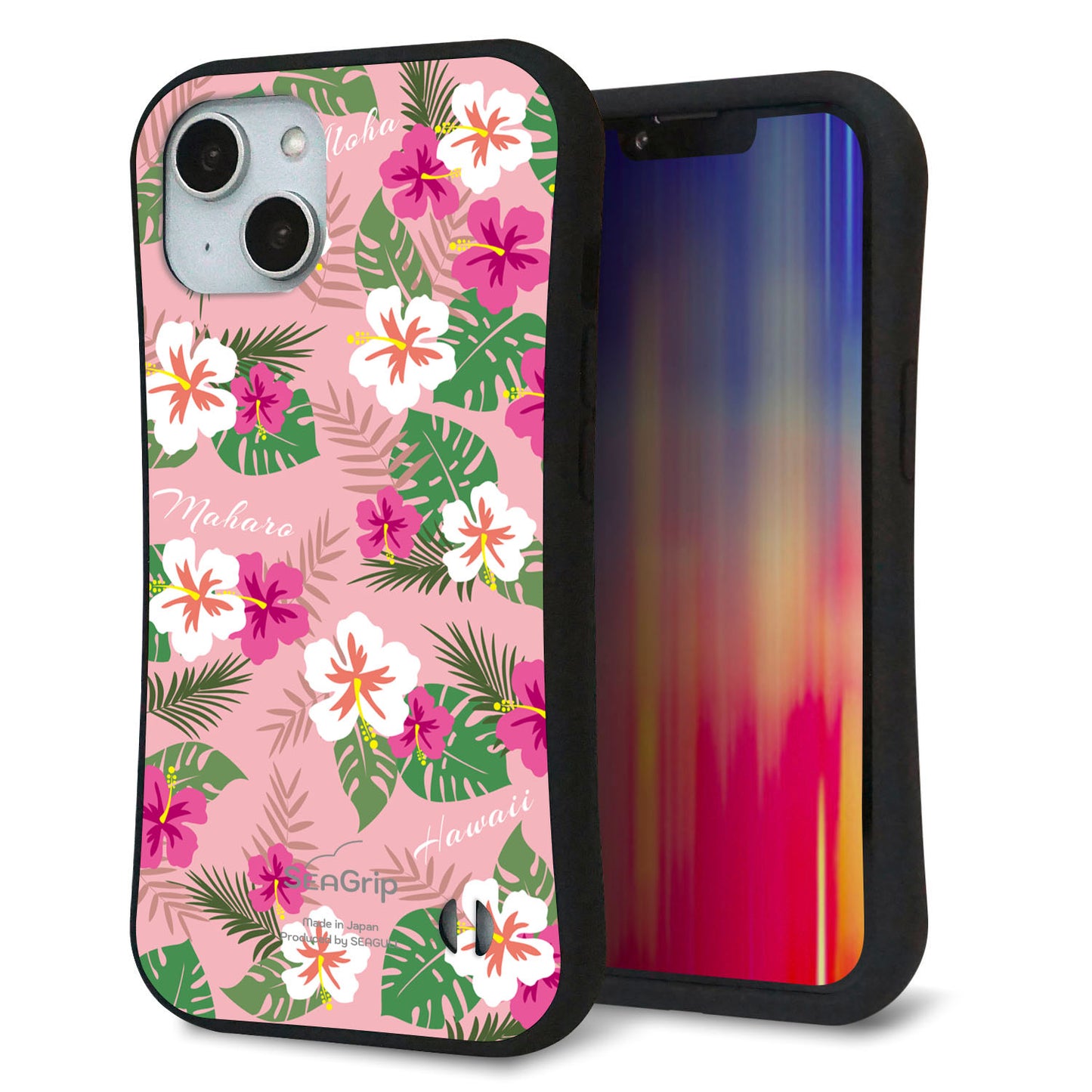 iPhone14 スマホケース 「SEA Grip」 グリップケース Sライン 【SC882 ハワイアンアロハレトロ(ピンク)】 UV印刷