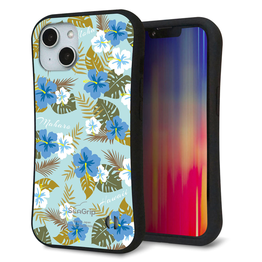 iPhone14 スマホケース 「SEA Grip」 グリップケース Sライン 【SC883 ハワイアンアロハレトロ(ブルー)】 UV印刷
