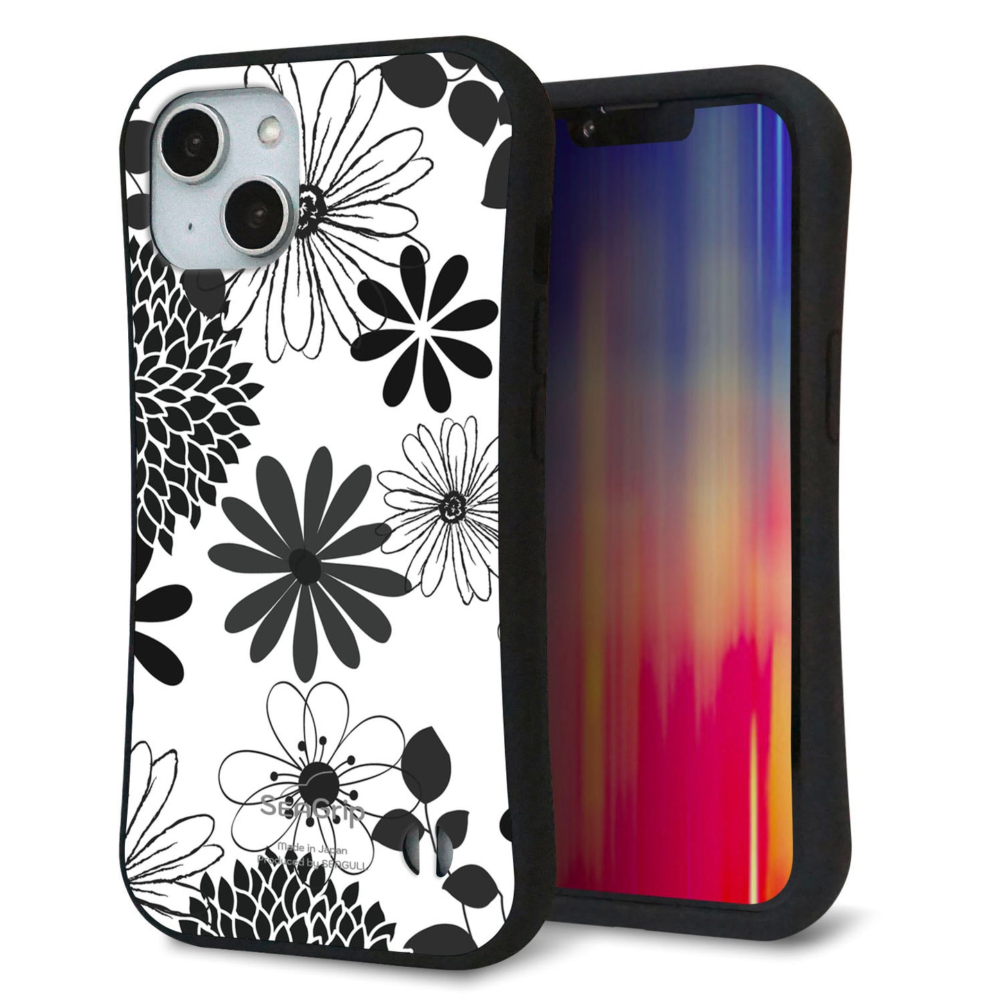 iPhone14 スマホケース 「SEA Grip」 グリップケース Sライン 【SC912 花柄モノトーン 01】 UV印刷