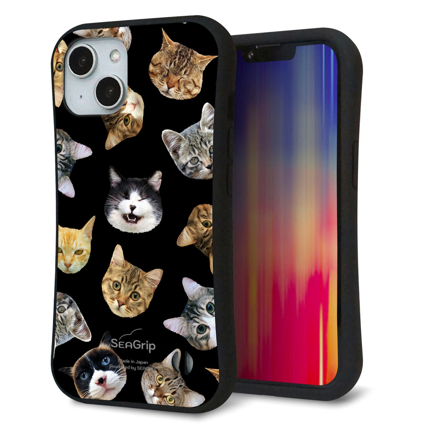 iPhone14 スマホケース 「SEA Grip」 グリップケース Sライン 【SC933 ねこどっと(ブラック)】 UV印刷