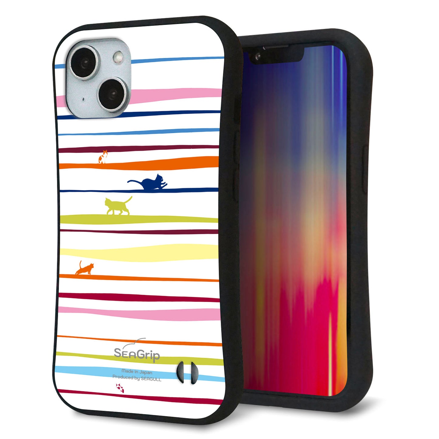 iPhone14 スマホケース 「SEA Grip」 グリップケース Sライン 【YA893 ストライプネコ02 L】 UV印刷