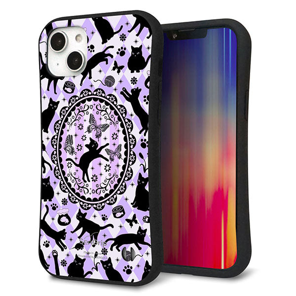 iPhone14 Plus スマホケース 「SEA Grip」 グリップケース Sライン 【AG879 ネコがいっぱいダイヤ柄 パープル】 UV印刷