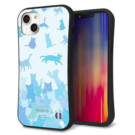 iPhone14 Plus スマホケース 「SEA Grip」 グリップケース Sライン 【AG888 ネコ積もり 水色】 UV印刷