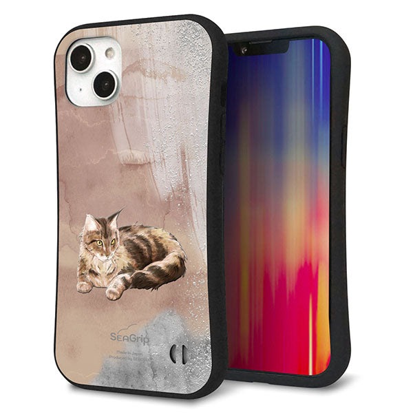 iPhone14 Plus スマホケース 「SEA Grip」 グリップケース Sライン 【HA173 メインクーン+くすみカラー】 UV印刷