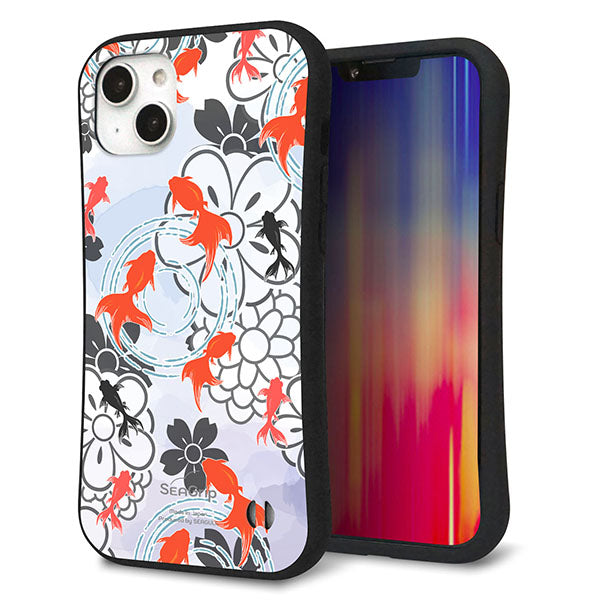 iPhone14 Plus スマホケース 「SEA Grip」 グリップケース Sライン 【HA216 金魚 花柄 グレー 】 UV印刷
