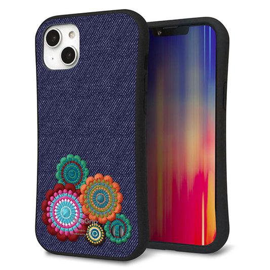 iPhone14 Plus スマホケース 「SEA Grip」 グリップケース Sライン 【KM934 エスニックフラワー デニム】 UV印刷