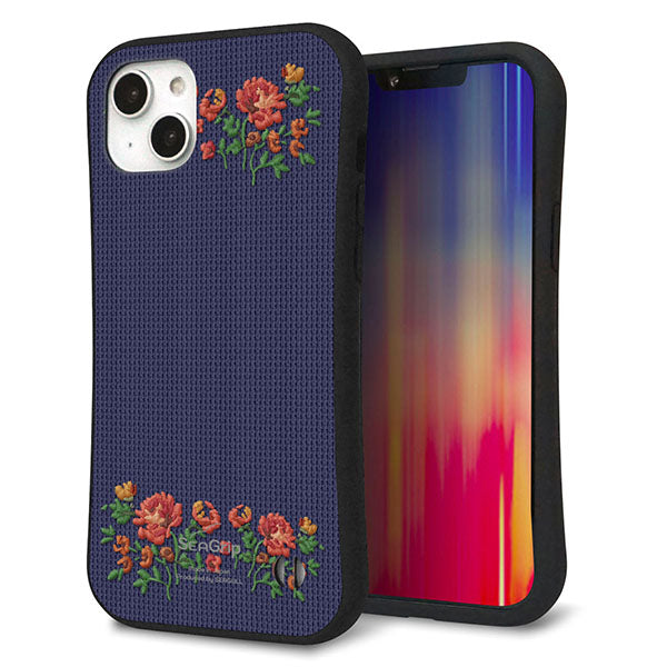 iPhone14 Plus スマホケース 「SEA Grip」 グリップケース Sライン 【KM943 花刺繍風 レッドフラワー ネイビー 】 UV印刷