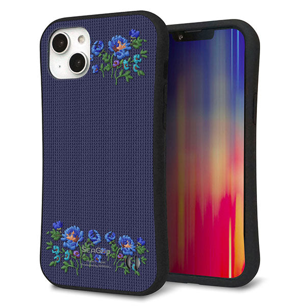 iPhone14 Plus スマホケース 「SEA Grip」 グリップケース Sライン 【KM944 花刺繍風 ブルーフラワー オフホワイト 】 UV印刷