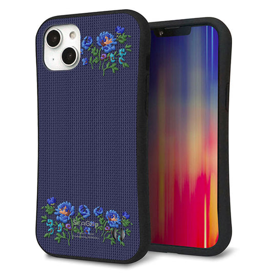 iPhone14 Plus スマホケース 「SEA Grip」 グリップケース Sライン 【KM944 花刺繍風 ブルーフラワー オフホワイト 】 UV印刷
