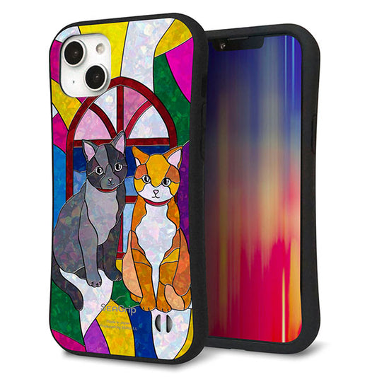 iPhone14 Plus スマホケース 「SEA Grip」 グリップケース Sライン 【MA995 ステンドグラス ネコ】 UV印刷