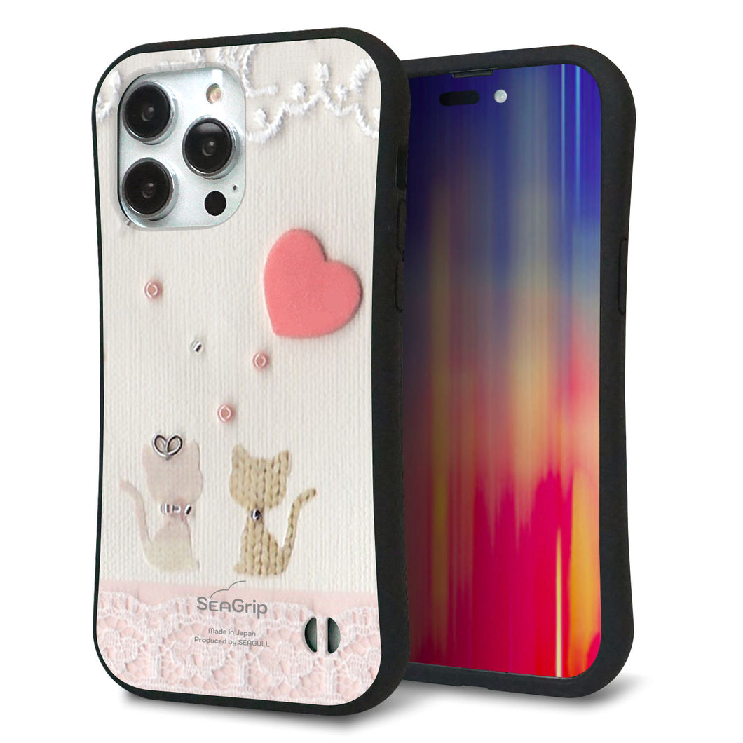 iPhone14 Pro Max スマホケース 「SEA Grip」 グリップケース Sライン 【1104 クラフト写真ネコ(ハートM)】 UV印刷