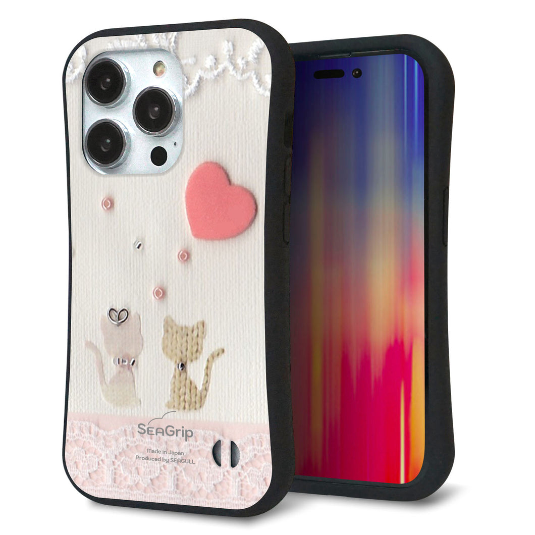iPhone14 Pro スマホケース 「SEA Grip」 グリップケース Sライン 【1104 クラフト写真ネコ(ハートM)】 UV印刷
