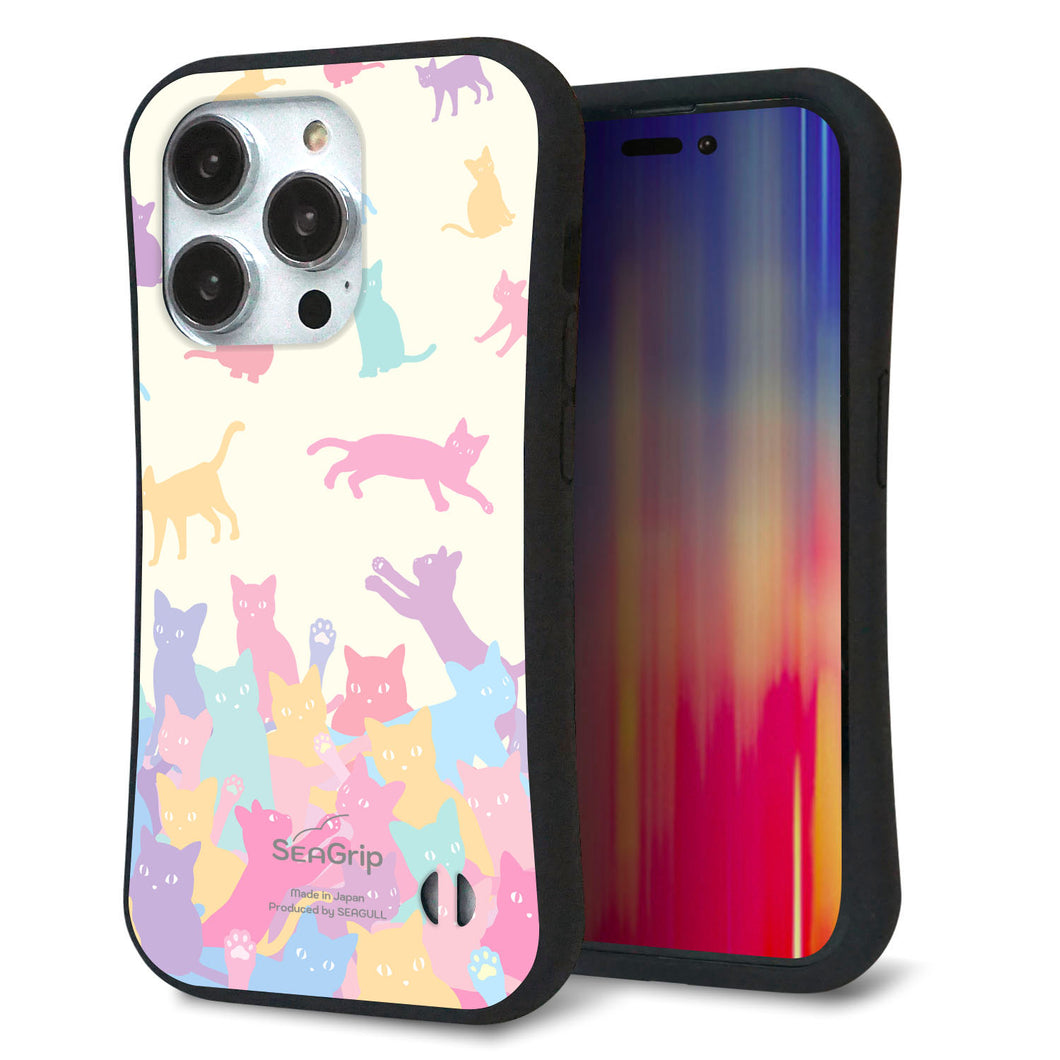 iPhone14 Pro スマホケース 「SEA Grip」 グリップケース Sライン 【AG885 ネコ積もり マルチカラー】 UV印刷