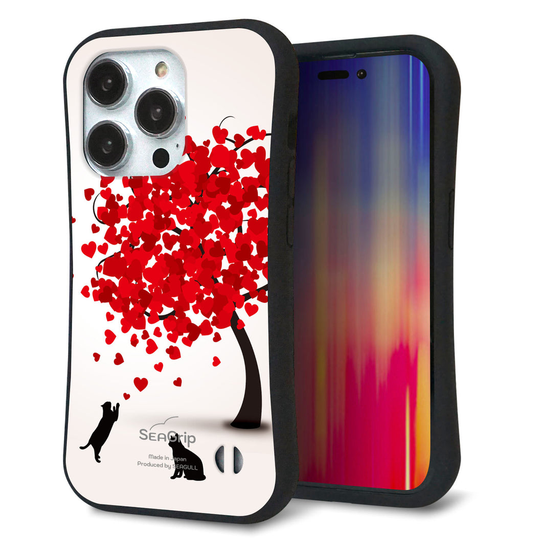 iPhone14 Pro スマホケース 「SEA Grip」 グリップケース Sライン 【EK915 二匹のネコとハートの木】 UV印刷