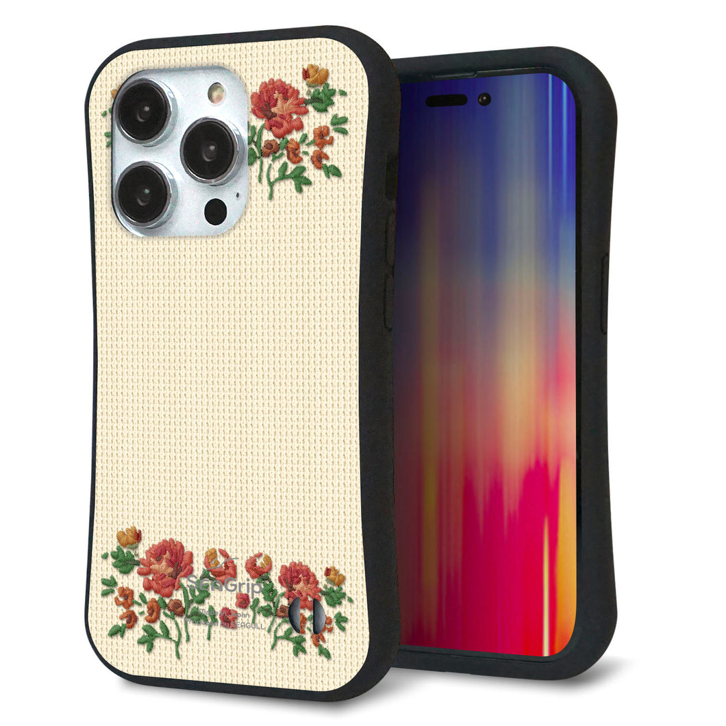 iPhone14 Pro スマホケース 「SEA Grip」 グリップケース Sライン 【KM941 花刺繍風 レッドフラワー オフホワイト 】 UV印刷