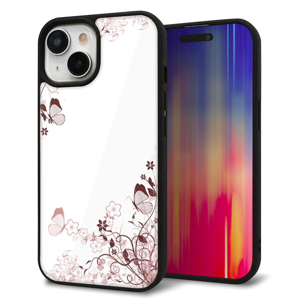 iPhone15 強化ガラス&TPUスマホケース ガラプリ【142 桔梗と桜と蝶】