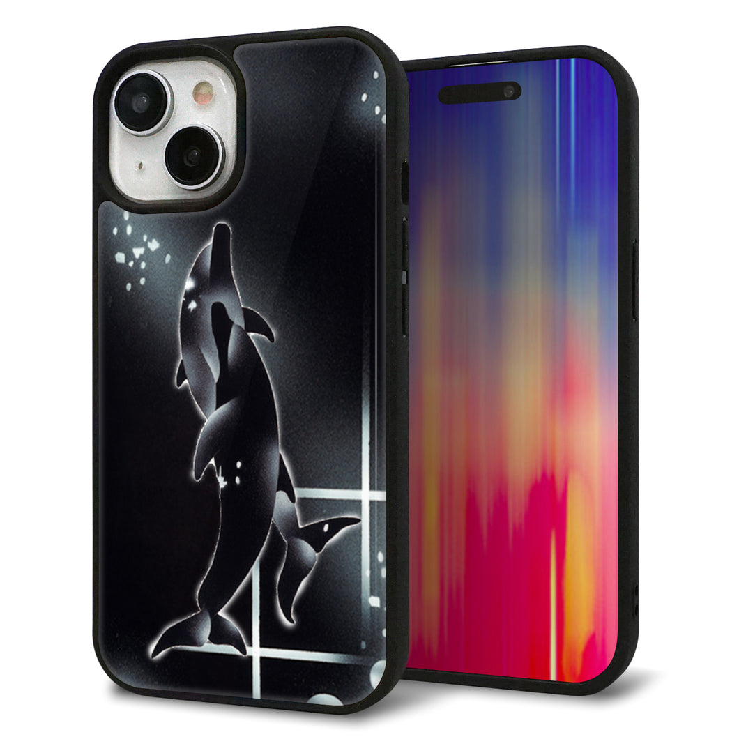 iPhone15 強化ガラス&TPUスマホケース ガラプリ【158 ブラックドルフィン】