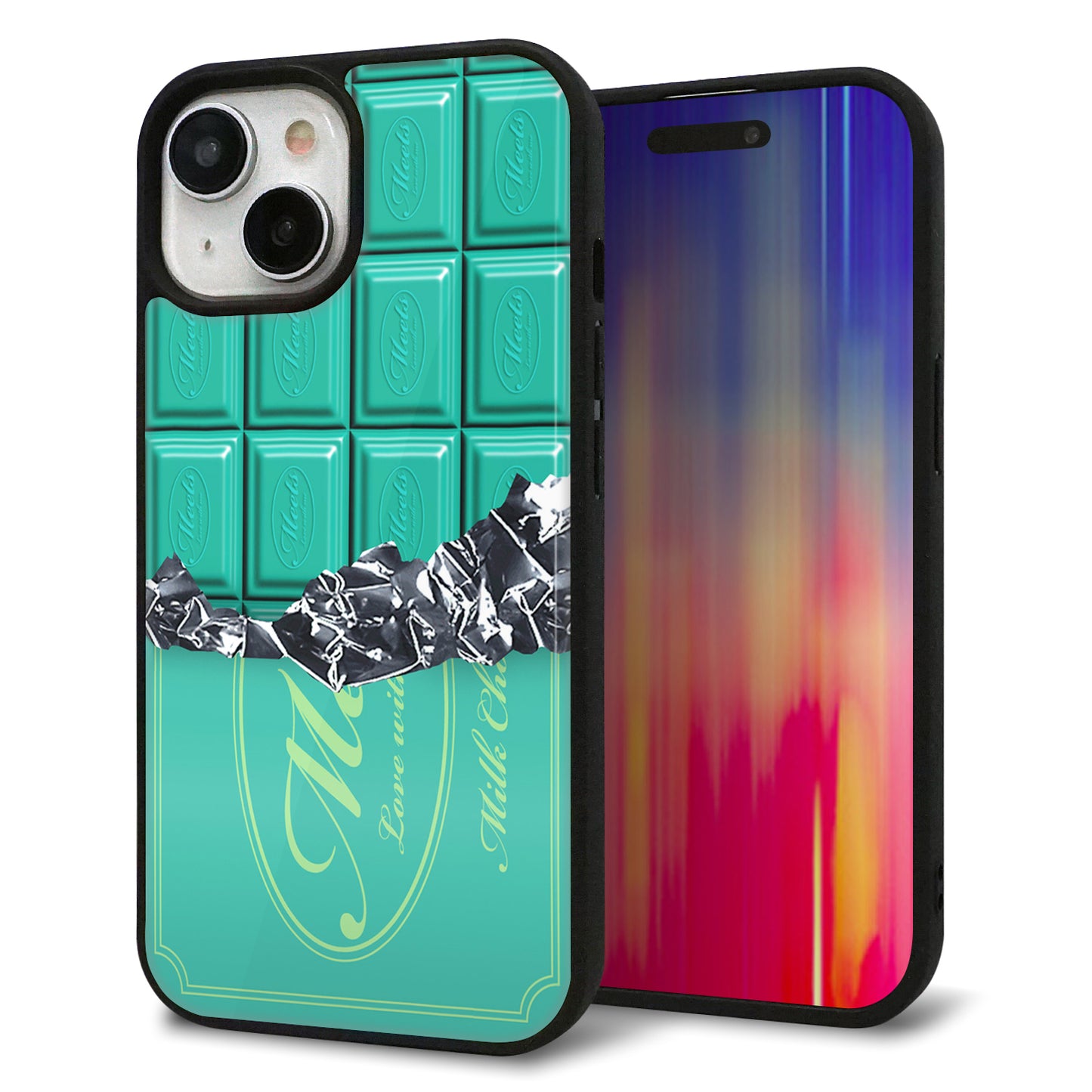 iPhone15 強化ガラス&TPUスマホケース ガラプリ【554 板チョコ?ミント】
