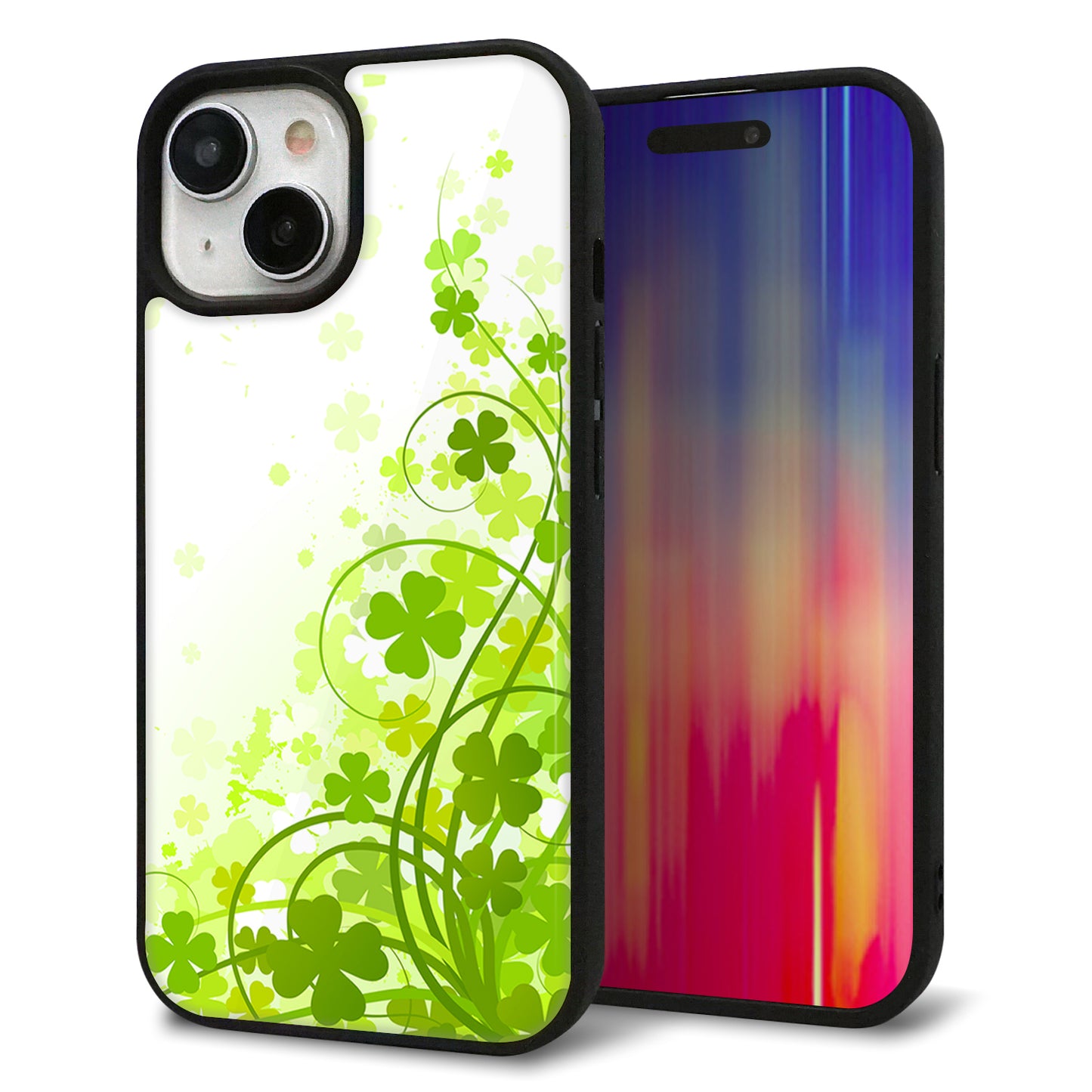 iPhone15 強化ガラス&TPUスマホケース ガラプリ【565 四葉のクローバー】