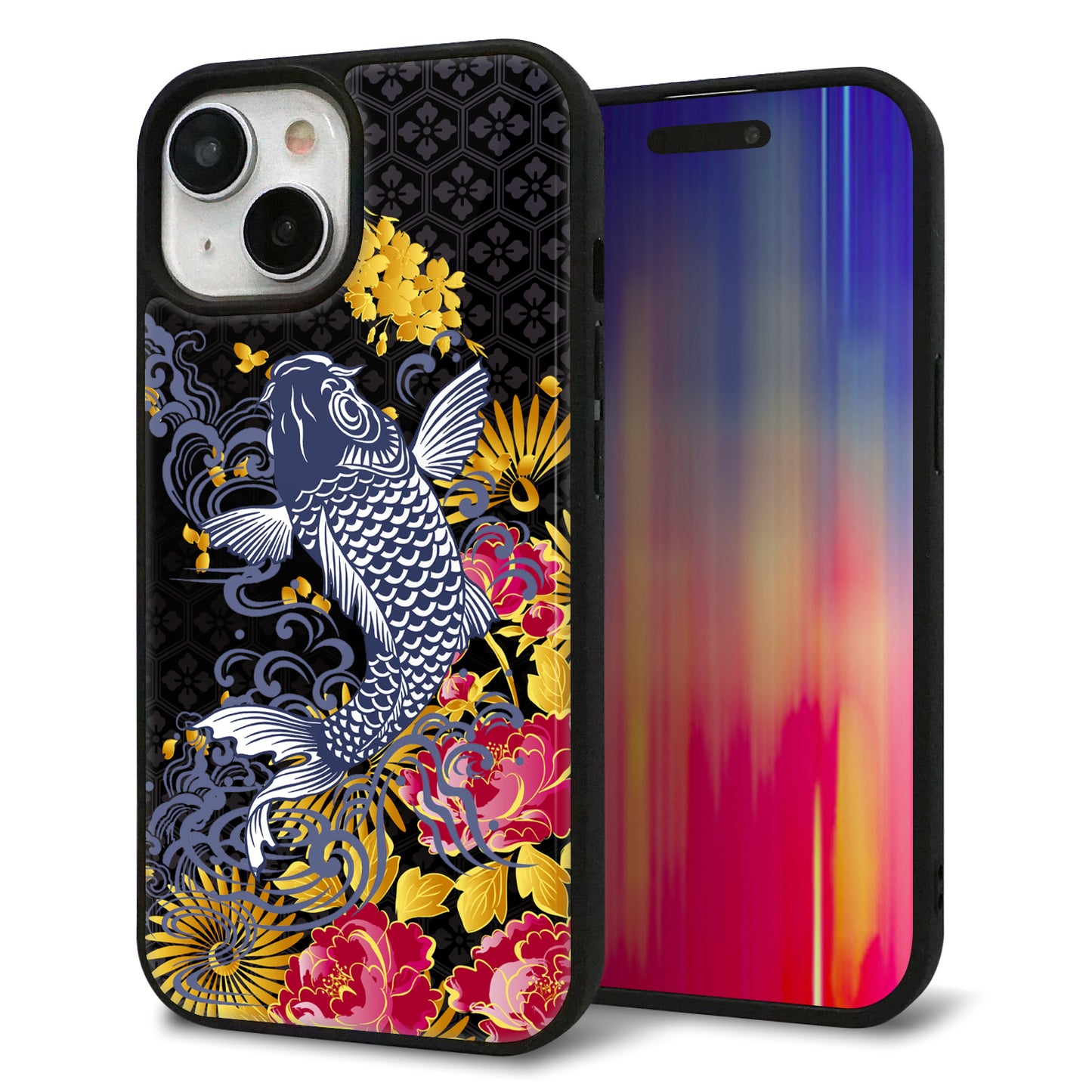 iPhone15 強化ガラス&TPUスマホケース ガラプリ【1028 牡丹と鯉】