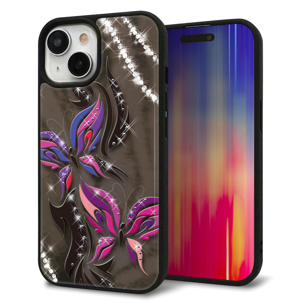 iPhone15 強化ガラス&TPUスマホケース ガラプリ【1164 キラめくストーンと蝶】