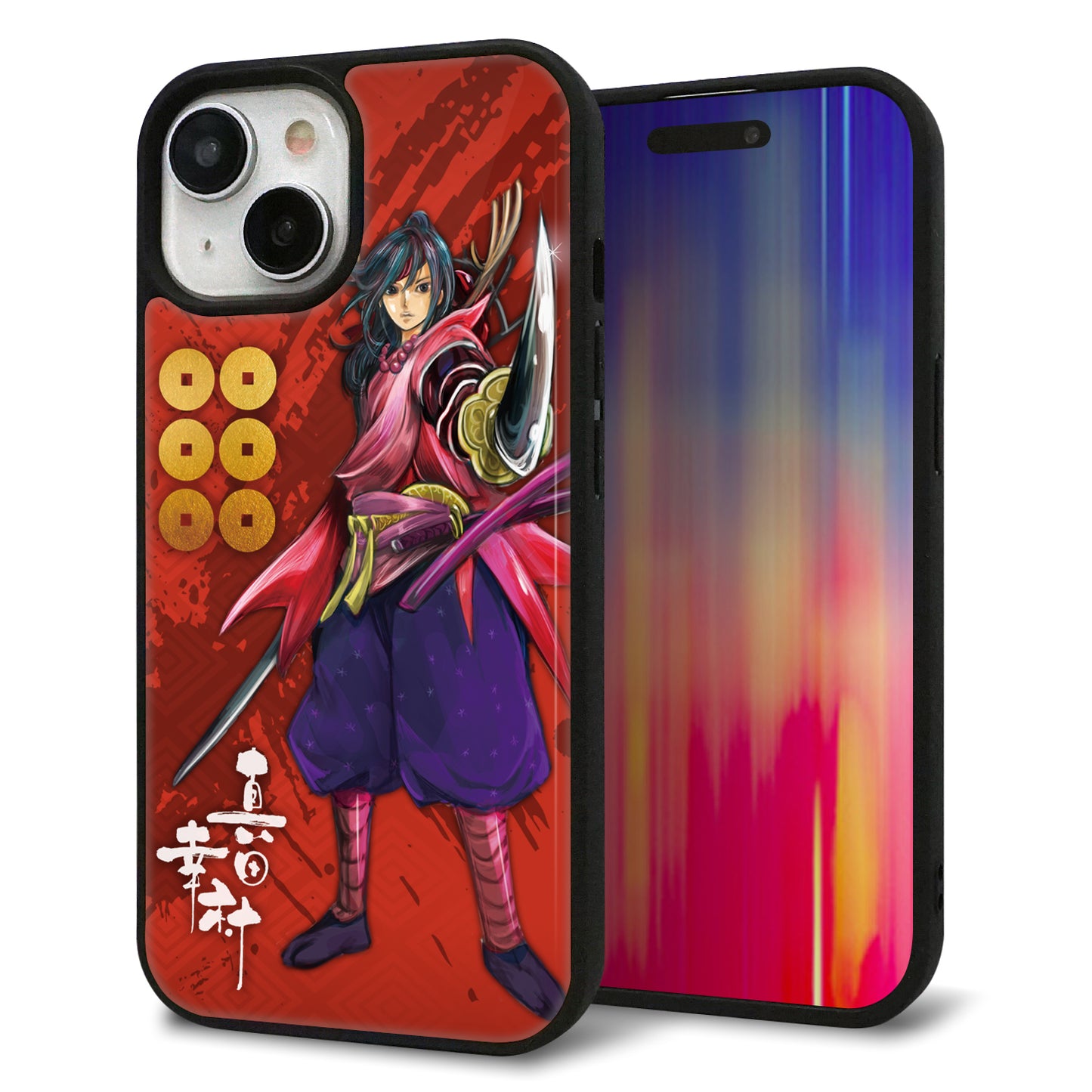 iPhone15 強化ガラス&TPUスマホケース ガラプリ【AB807 真田幸村 イラストと家紋】