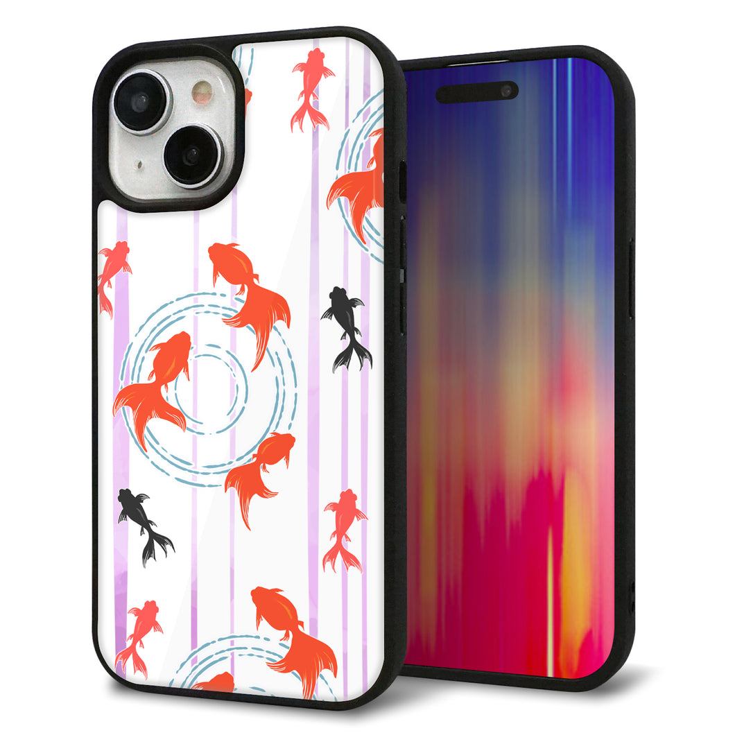 iPhone15 強化ガラス&TPUスマホケース ガラプリ【HA209 金魚 水彩ストライプ パープル】