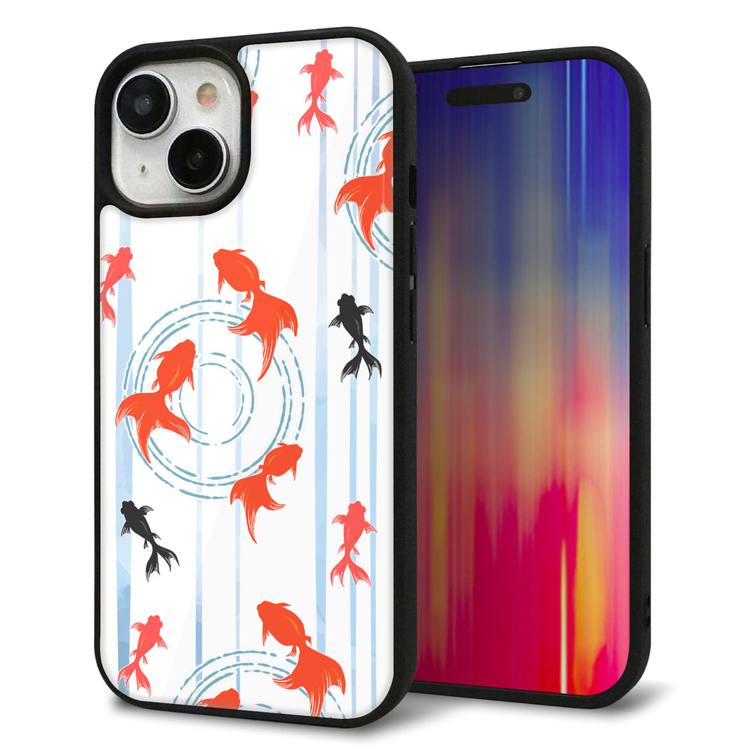 iPhone15 強化ガラス&TPUスマホケース ガラプリ【HA210 金魚 水彩ストライプ ブルー】