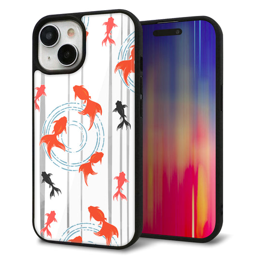 iPhone15 強化ガラス＆TPUスマホケース ガラプリ【HA211 金魚 水彩ストライプ グレー】