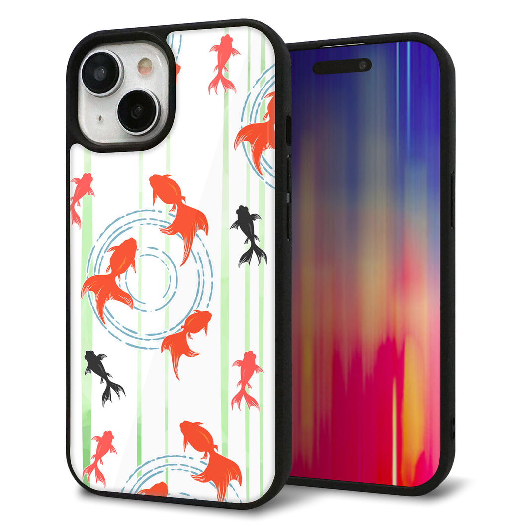 iPhone15 強化ガラス&TPUスマホケース ガラプリ【HA213 金魚 水彩ストライプ グリーン】