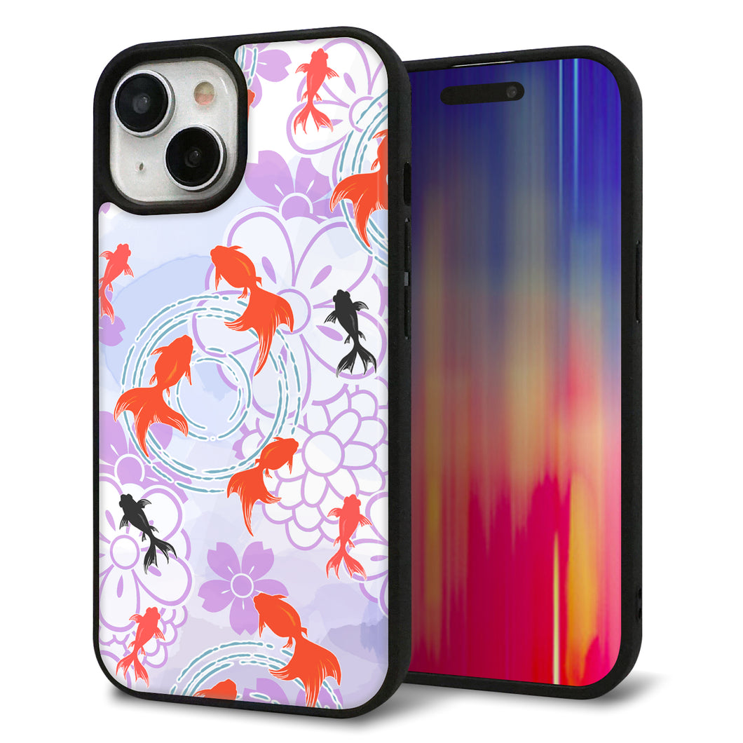 iPhone15 強化ガラス&TPUスマホケース ガラプリ【HA214 金魚 花柄 パープル】