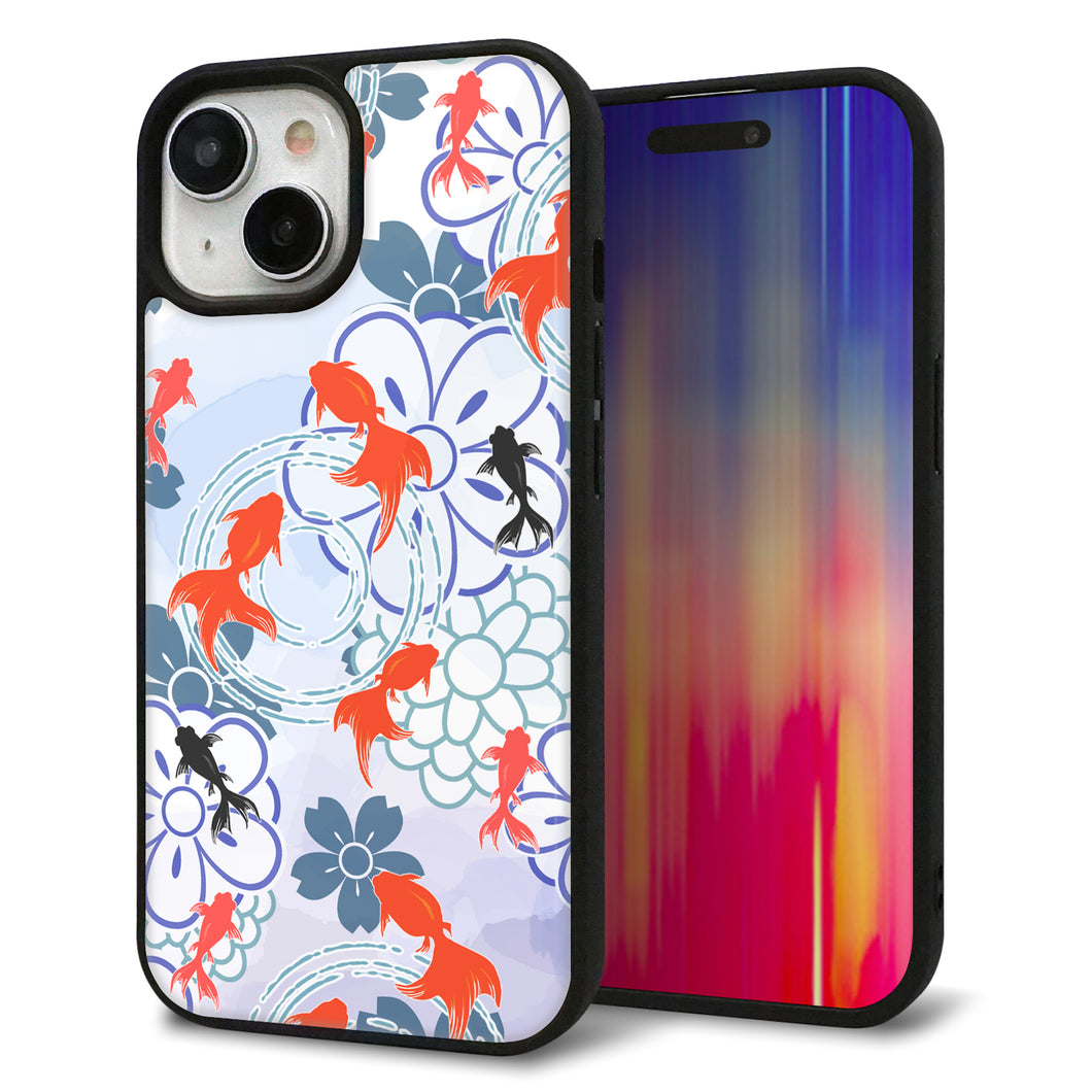 iPhone15 強化ガラス&TPUスマホケース ガラプリ【HA215 金魚 花柄 ブルー】