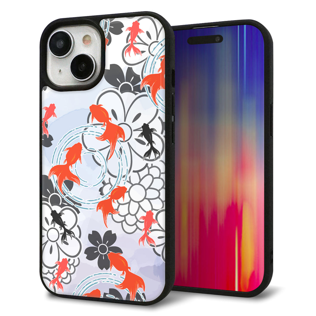iPhone15 強化ガラス&TPUスマホケース ガラプリ【HA216 金魚 花柄 グレー】
