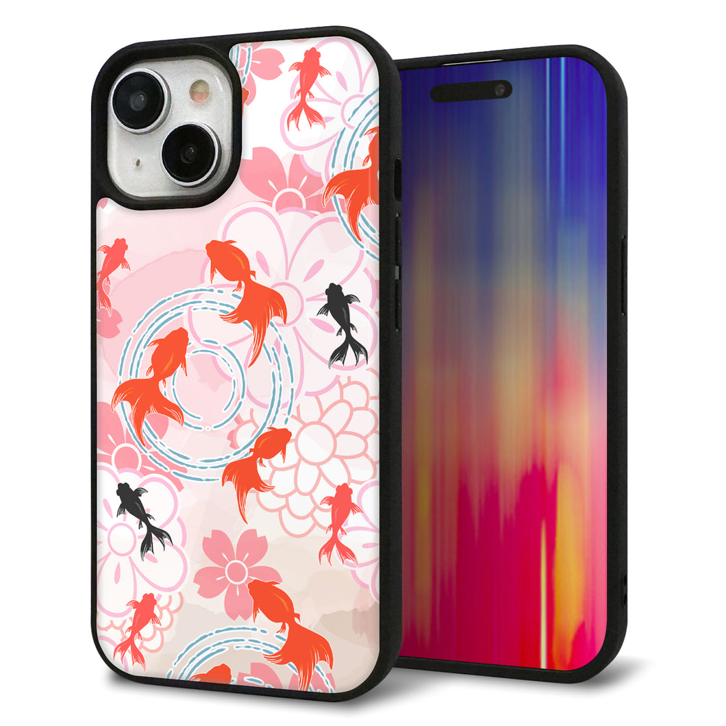 iPhone15 強化ガラス&TPUスマホケース ガラプリ【HA217 金魚 花柄 ピンク】