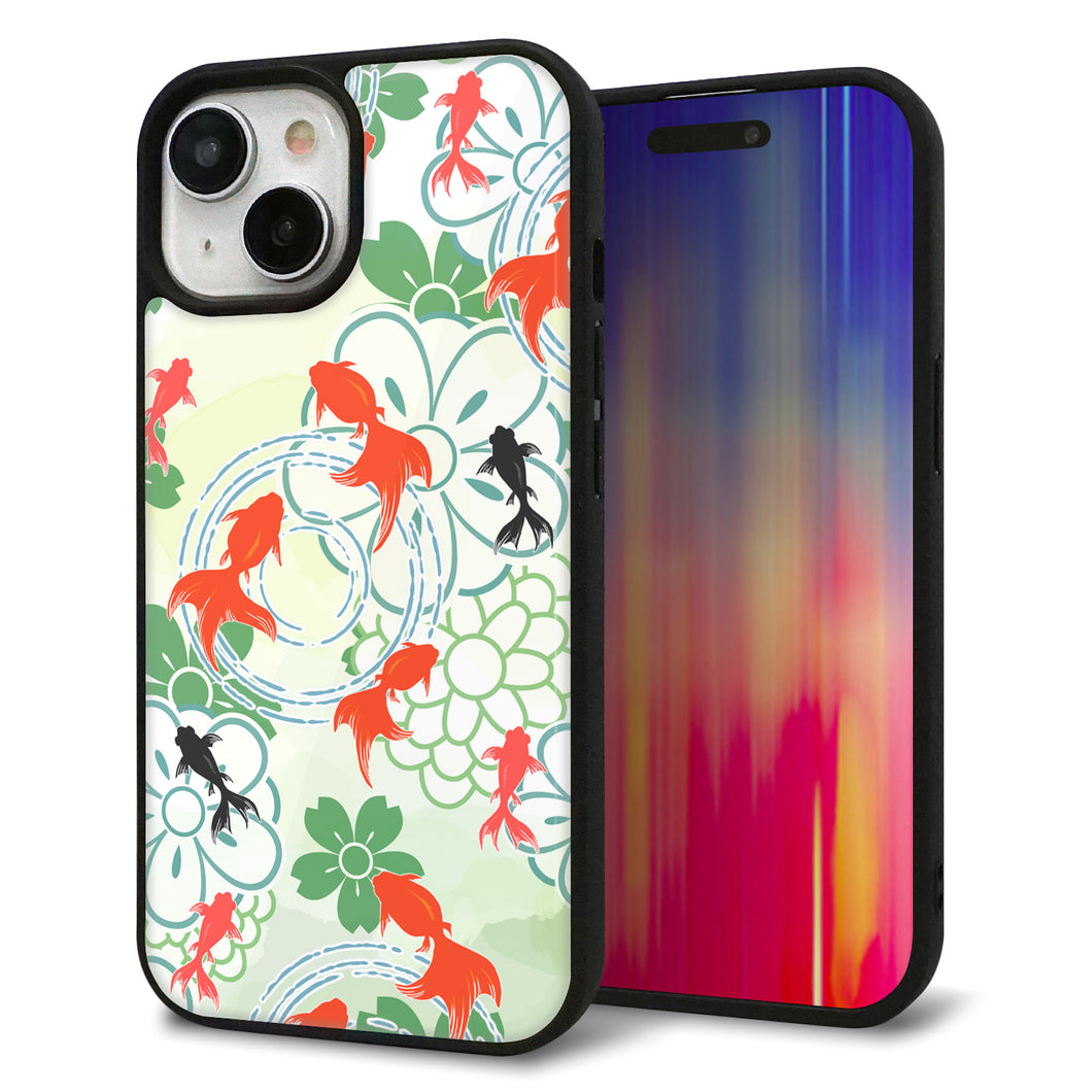 iPhone15 強化ガラス&TPUスマホケース ガラプリ【HA218 金魚 花柄 グリーン】