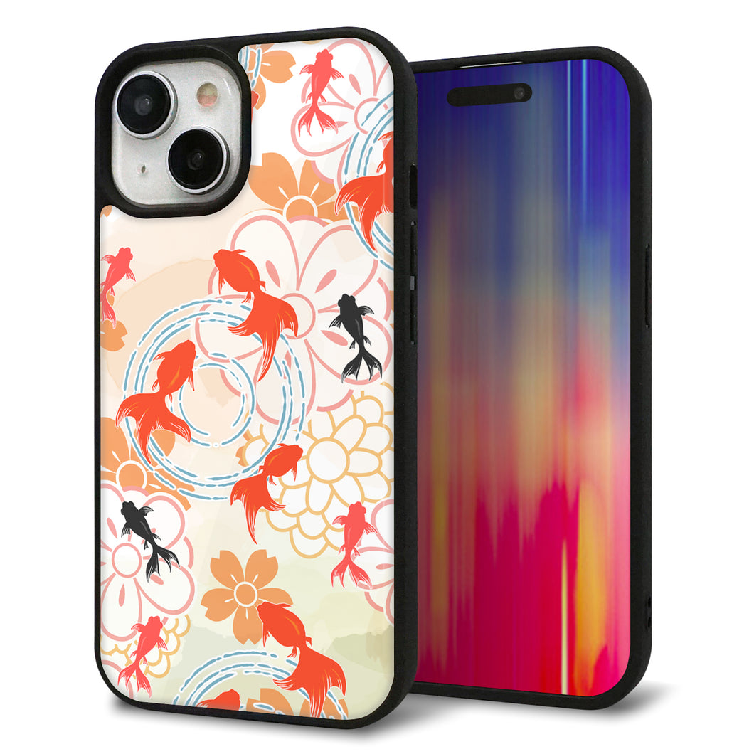 iPhone15 強化ガラス&TPUスマホケース ガラプリ【HA219 金魚 花柄 オレンジ】